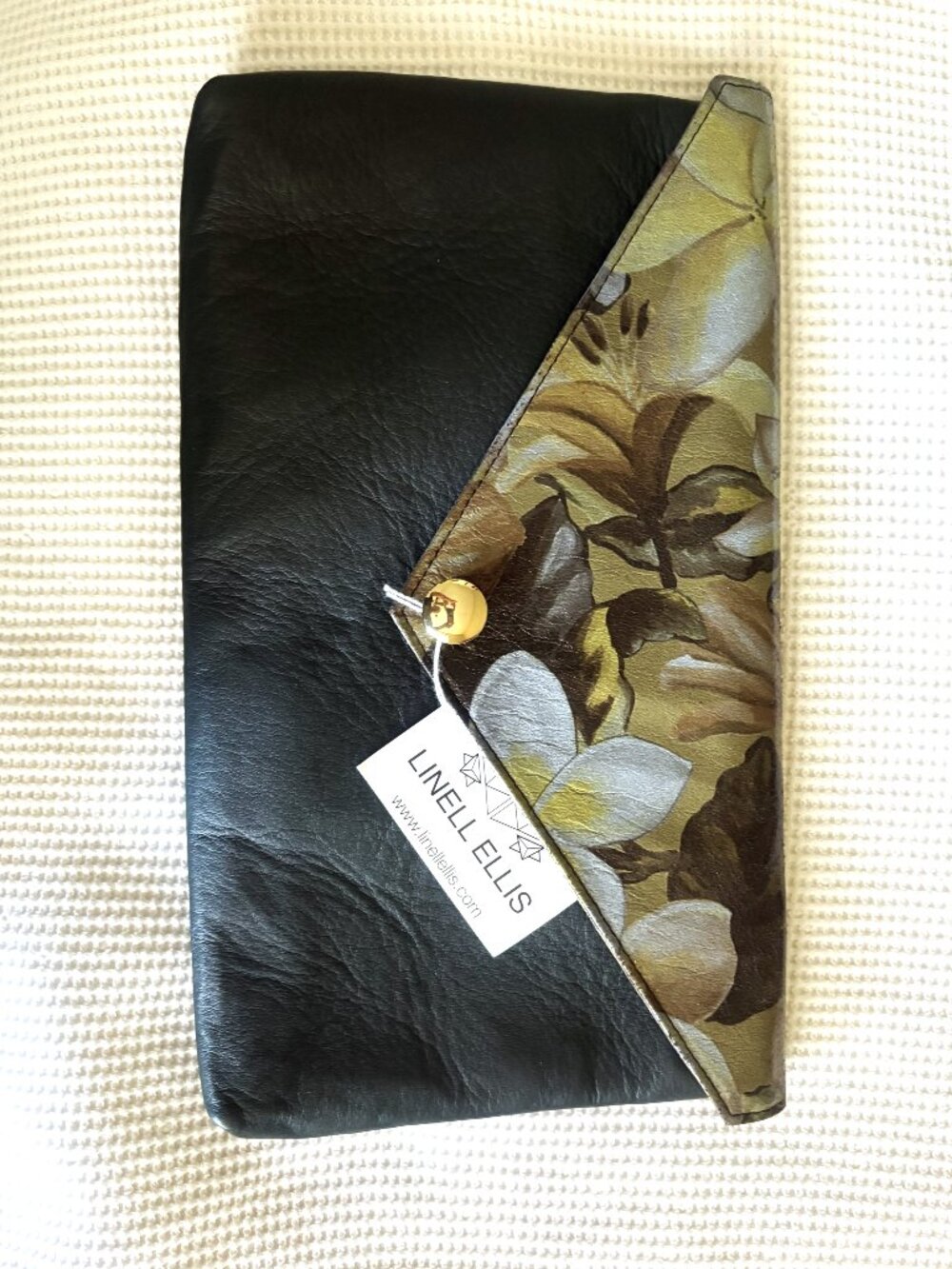 Linell Ellis Leather Clutch Floral Pattern/Black Gold Hardware Dust Bag NWT